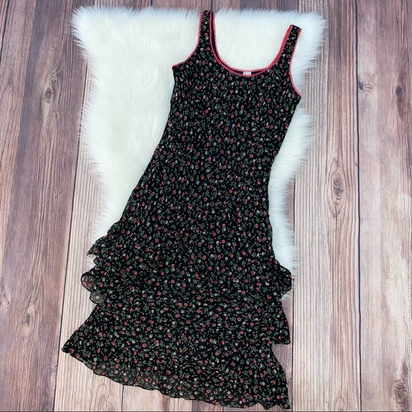 Vintage Dresses & Skirts - Vintage | Floral Grunge Black Ruffle Midi Dress